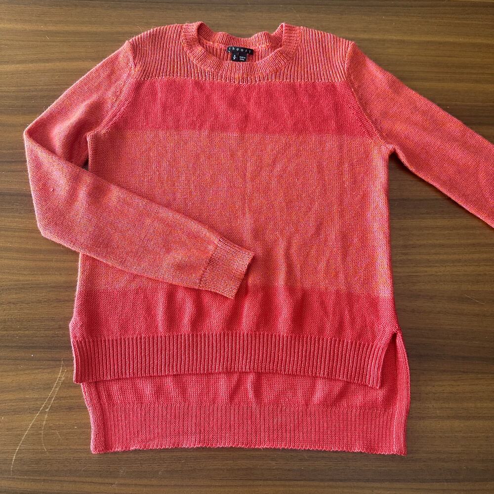 Theory Baby Alpaca/Silk Blend Orange Coral Sweater, Striped, Hi-Lo,‎ Small